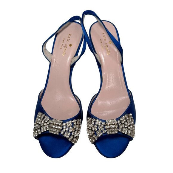 New KATE SPADE Womens Blue Jeweled Bow Satin Slingback Heels Sandals Size 8 B - Picture 3 of 8